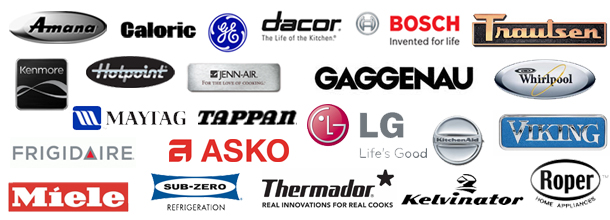 A collection of appliance brand logos including Amana, Caloric, GE, Dacor, Bosch, Traulsen, Kenmore, Hotpoint, Jenn-Air, Gaggenau, Whirlpool, Maytag, Tappan, LG, Kitchen-Aid, Viking, Frigidaire, Asko, Miele, Sub-Zero, Thermador, Kelvinator, and Roper.